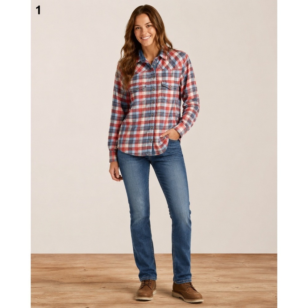 JACHS‎ Girlfriend Bea Pearl Snap Flannel Shirt Women M Red Blue Cotton Americana